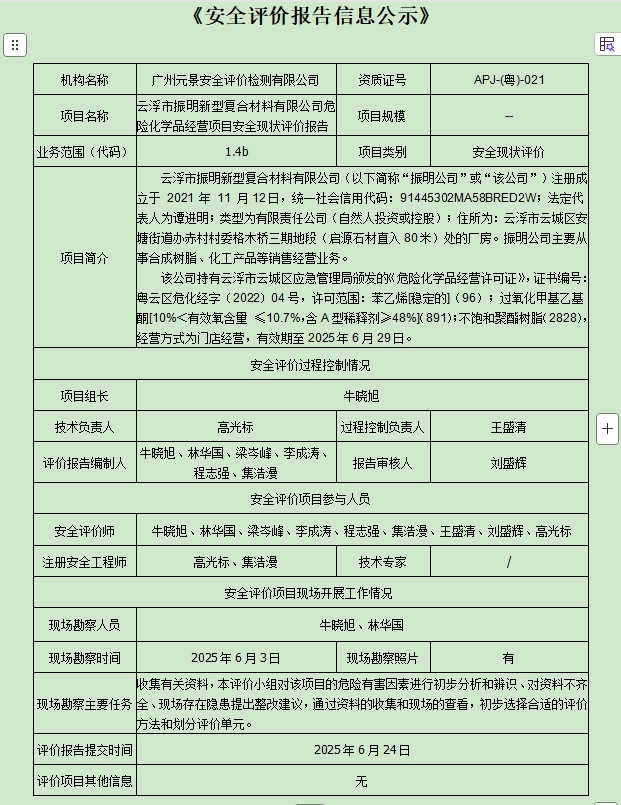 云浮市振明新型复合材料有限公司危险化学品经营项目安全现状评价报告